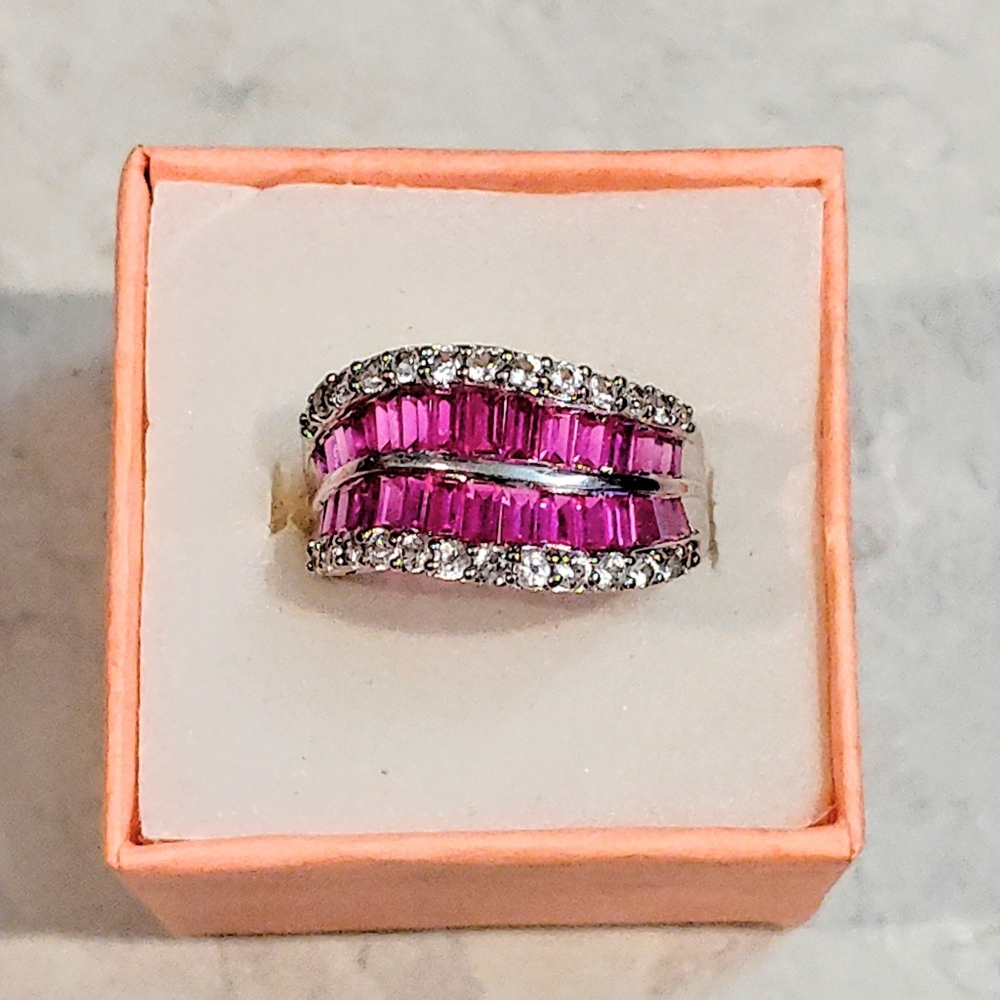 STERLING SILVER RUBY & DIAMOND RING BAGUETTE CUT RUBY & ROUND CUT DIAMONDS 8½ - Picture 15 of 16